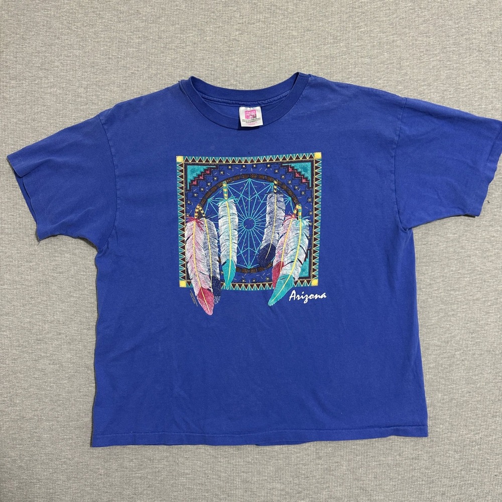 Vintage 1993 Hanes Her Way Arizona Dreamcatcher Graphic T-Shirt Blue Size Large